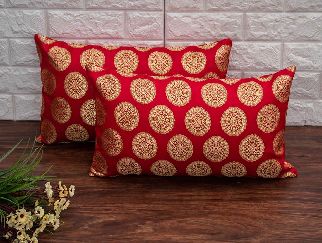 Mandala Brocade Silk Rectangular Cushion Covers (Red & Golden)
