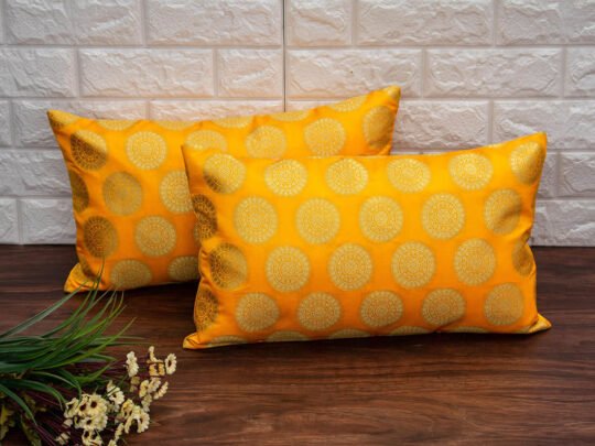 Mandala Brocade Silk Rectangular Cushion Covers (Yellow & Golden)