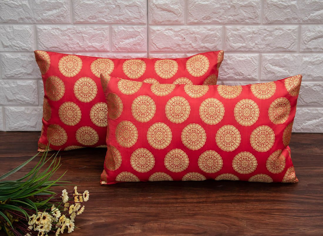Mandala Brocade Silk Rectangular Cushion Covers (Peach & Golden)