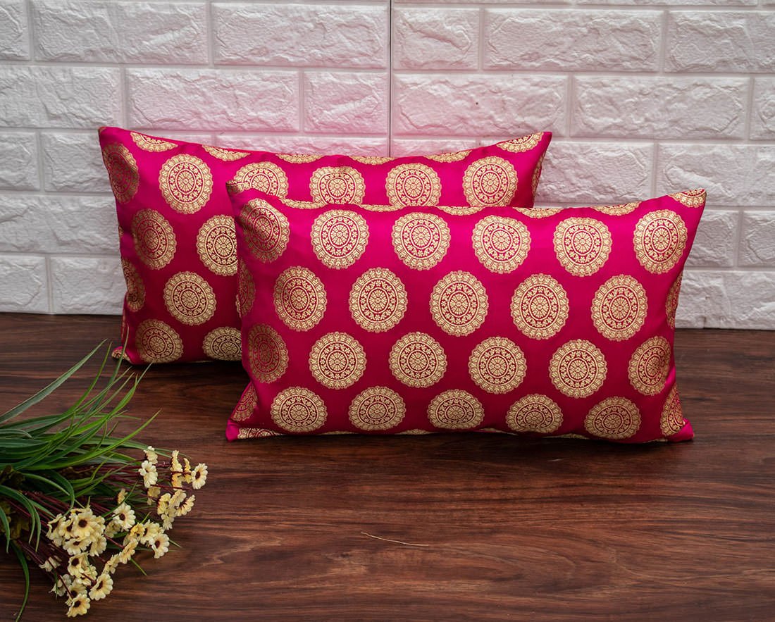 Mandala Brocade Silk Rectangular Cushion Covers (Magenta & Golden)