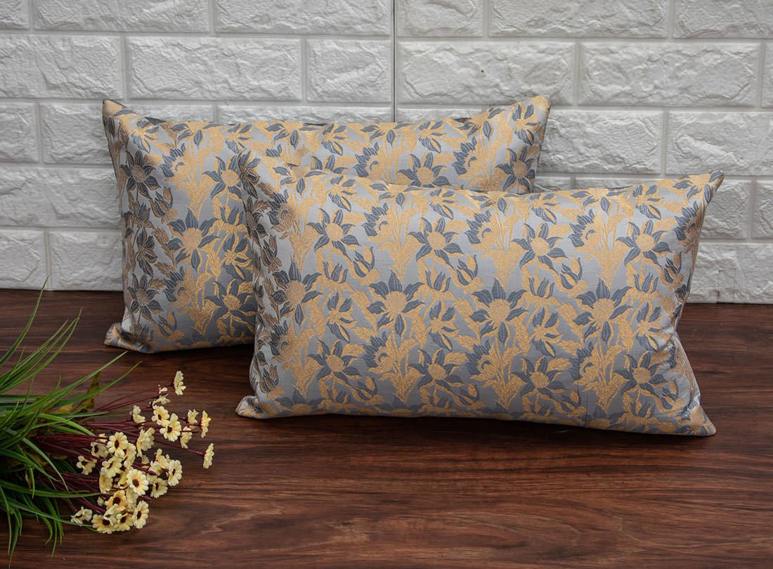 Grey Bageecha Floral Brocade Silk Rectangular Cushion Covers