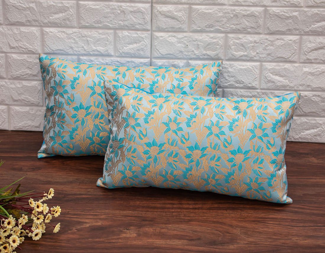 Sky Blue Bageecha Floral Brocade Silk Rectangular Cushion Covers