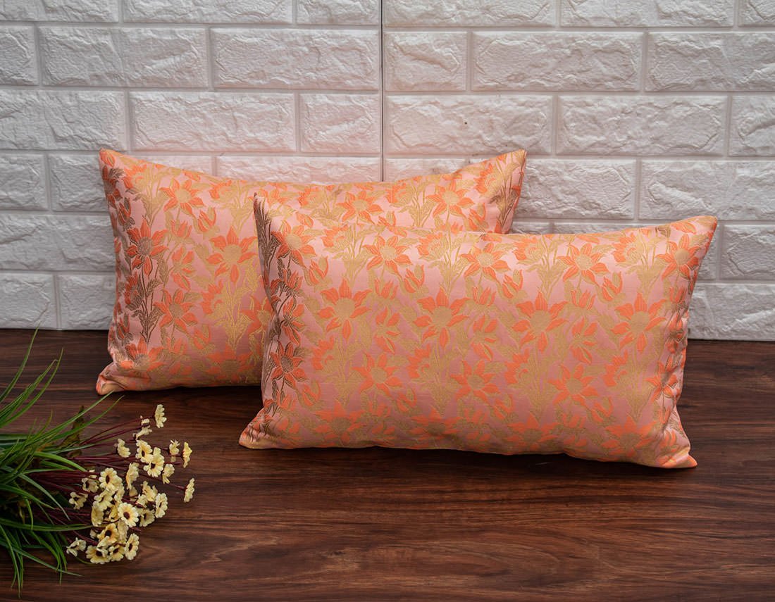 Peach Bageecha Floral Brocade Silk Rectangular Cushion Covers