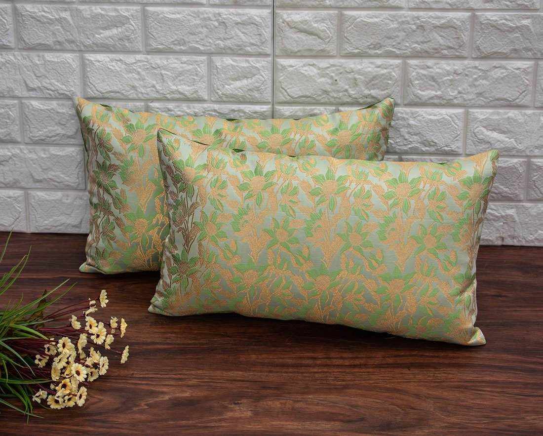 Sage Green Bageecha Floral Brocade Silk Rectangular Cushion Covers
