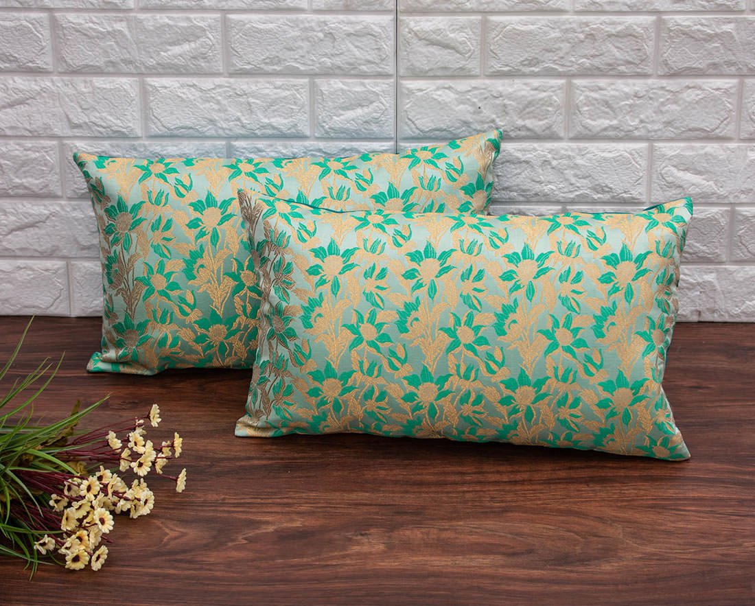 Sea Green Bageecha Floral Brocade Silk Rectangular Cushion Covers