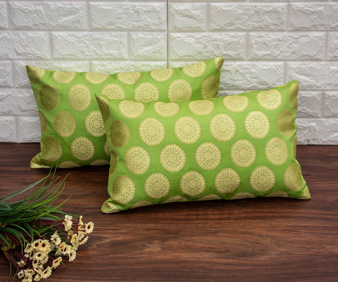 Mandala Brocade Silk Rectangular Cushion Covers (Green & Golden)