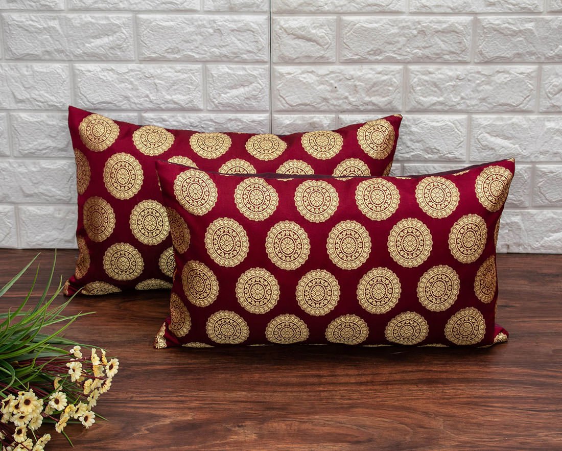 Mandala Brocade Silk Rectangular Cushion Covers (Maroon & Golden)