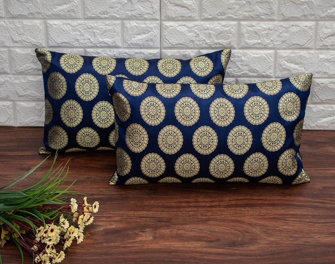 Mandala Brocade Silk Rectangular Cushion Covers (Navy Blue & Golden)