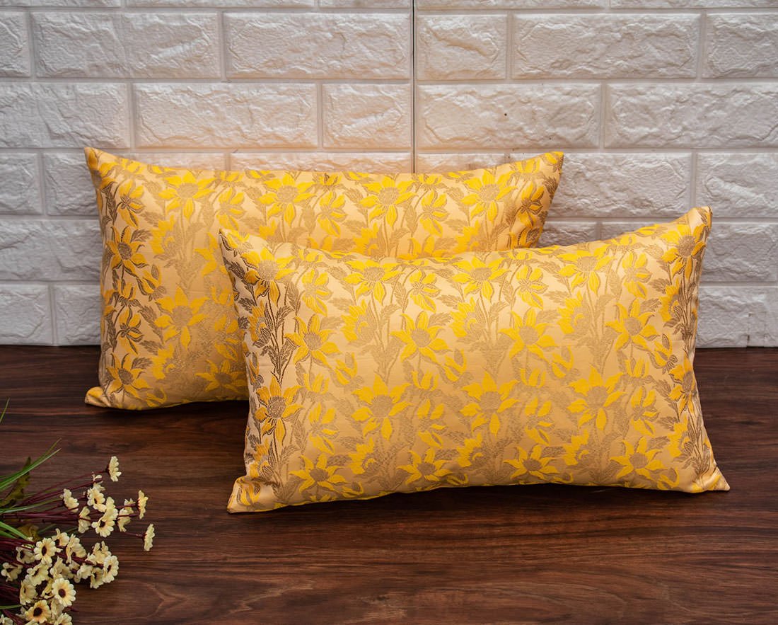 Yellow Bageecha Floral Brocade Silk Rectangular Cushion Covers