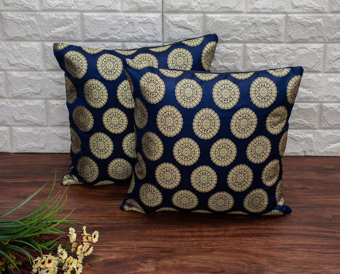 Mandala Brocade Silk Cushion Covers (Navy Blue & Golden)