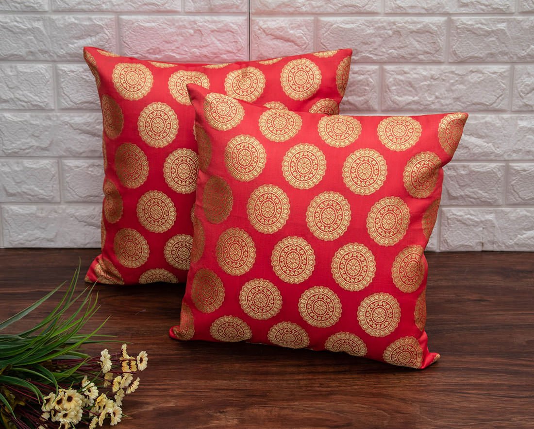 Mandala Brocade Silk Cushion Covers (Peach & Golden)