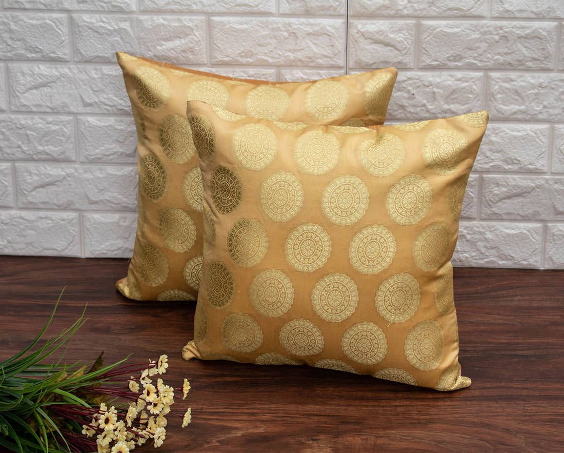 Mandala Brocade Silk Cushion Covers (Beige & Golden)