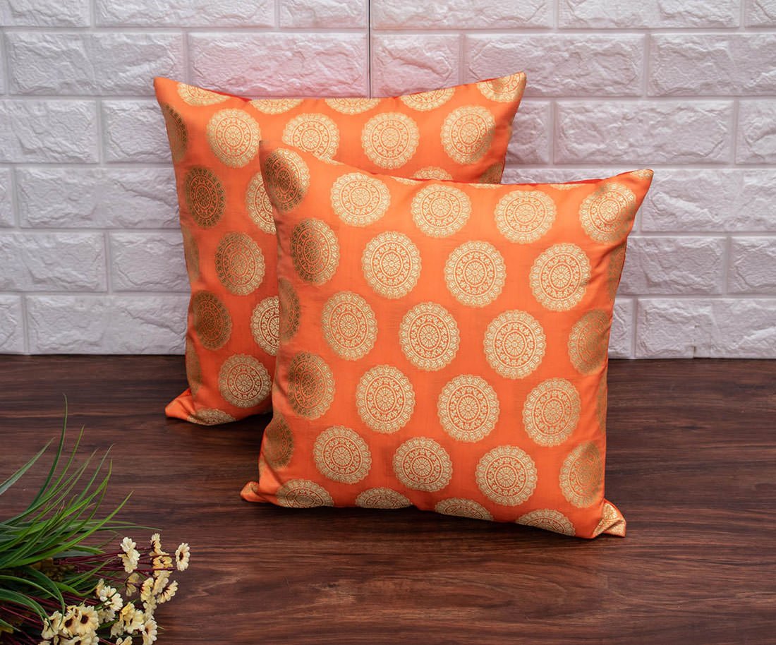 Mandala Brocade Silk Cushion Covers (Orange & Golden)