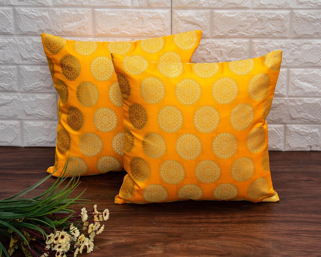 Mandala Brocade Silk Cushion Covers (Yellow & Golden)