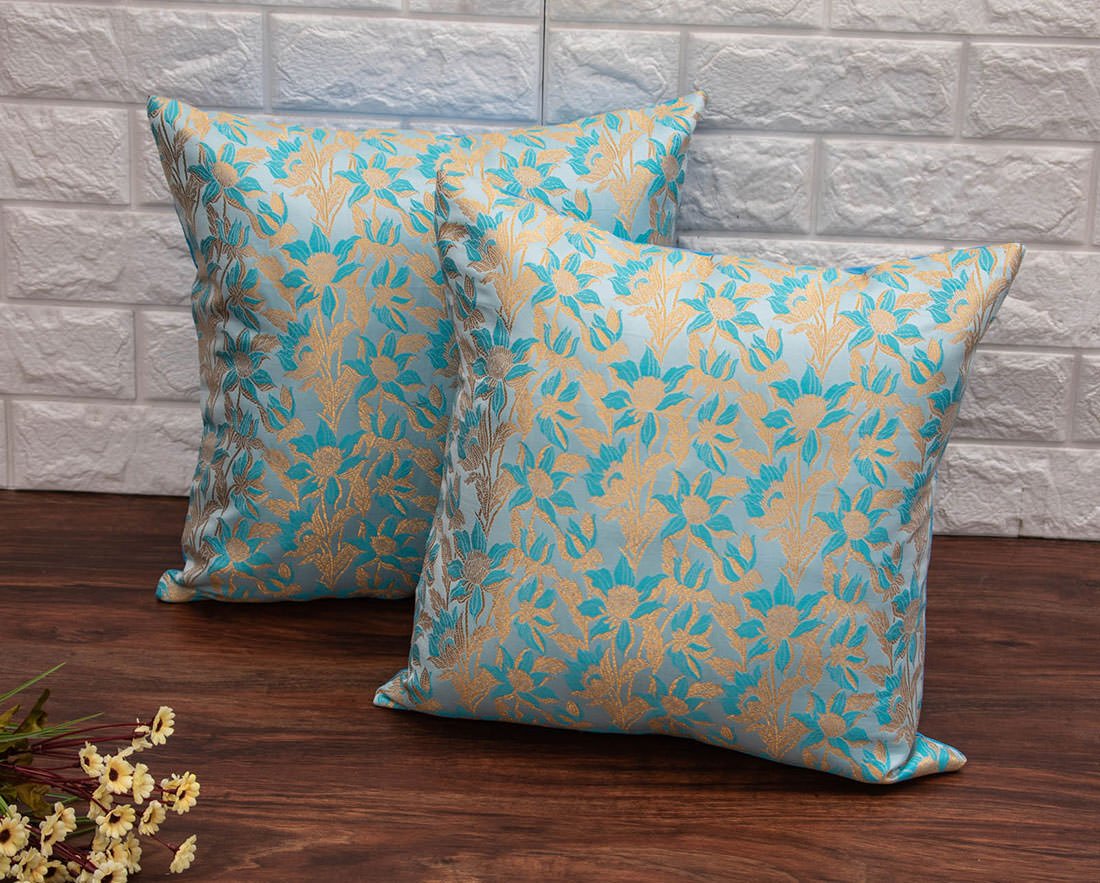 Sky Blue Bageecha Floral Brocade Silk Cushion Covers