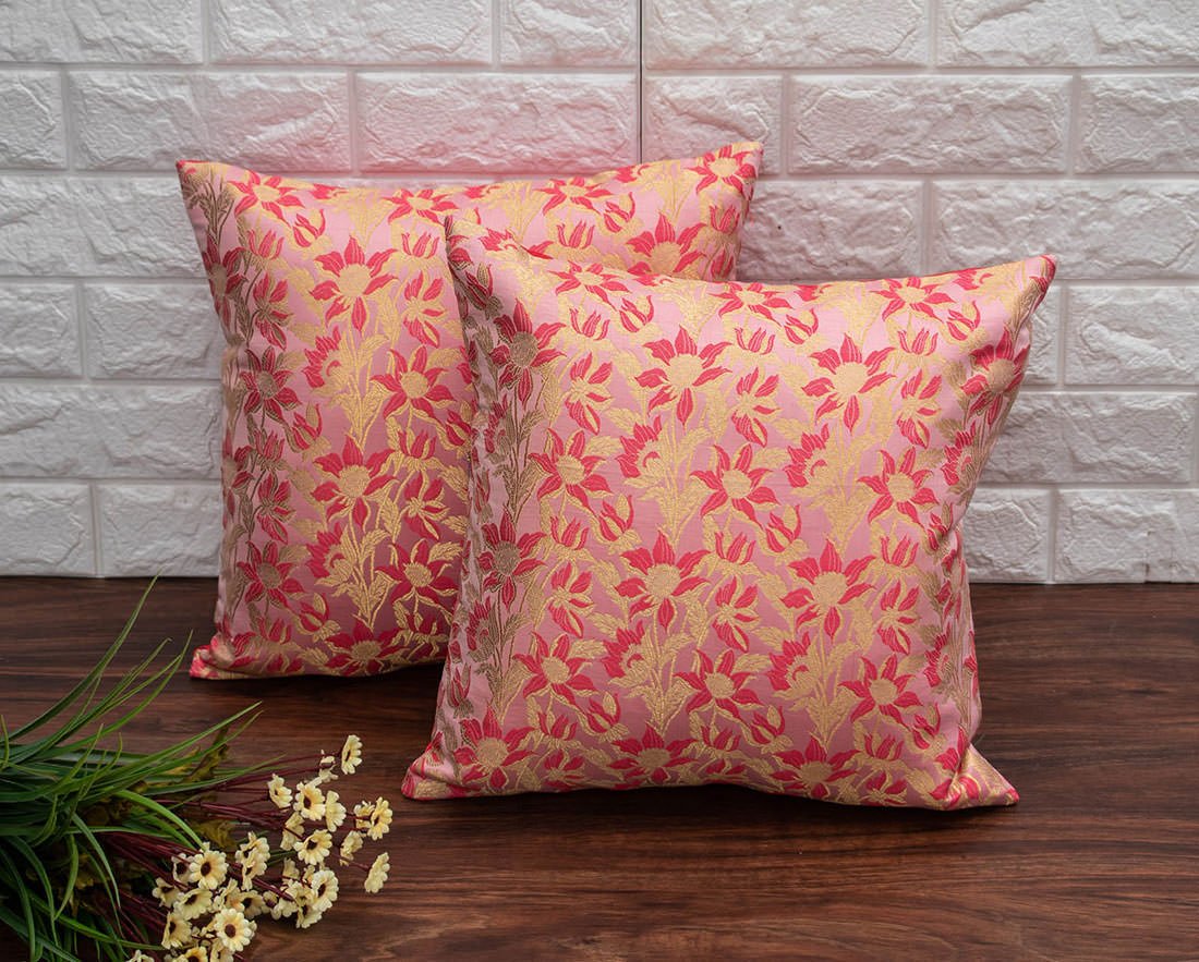 Coral Bageecha Floral Brocade Silk Cushion Covers