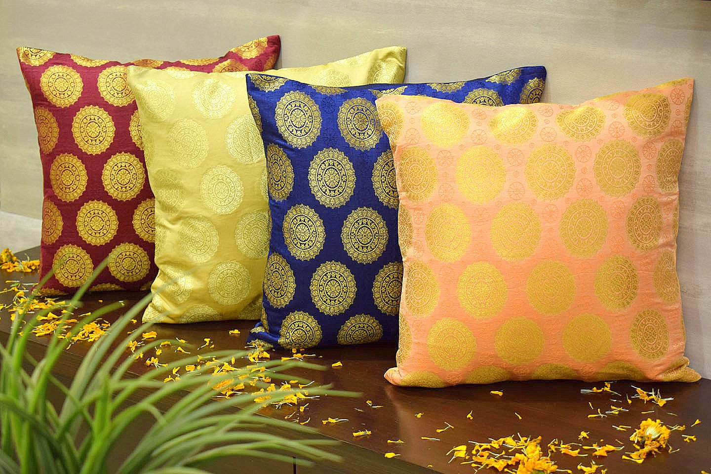 Mandala Brocade Silk Cushion Covers Combo Multi- 3 (Blue, Coral, Beige, Maroon)