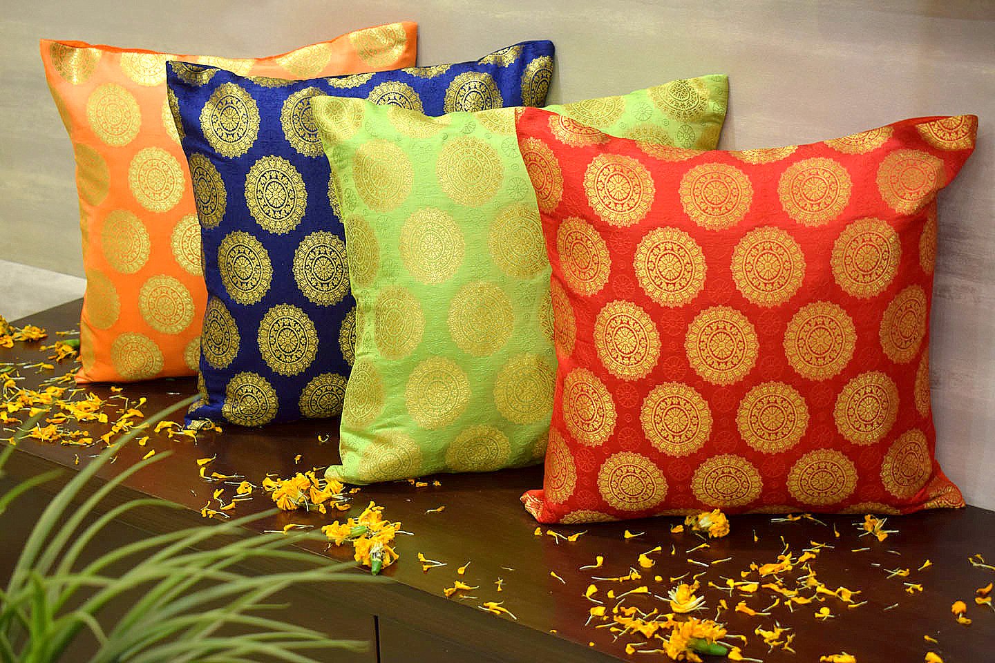 Mandala Brocade Silk Cushion Covers Combo Multi- 2 (Blue, Red, Orange, Green)