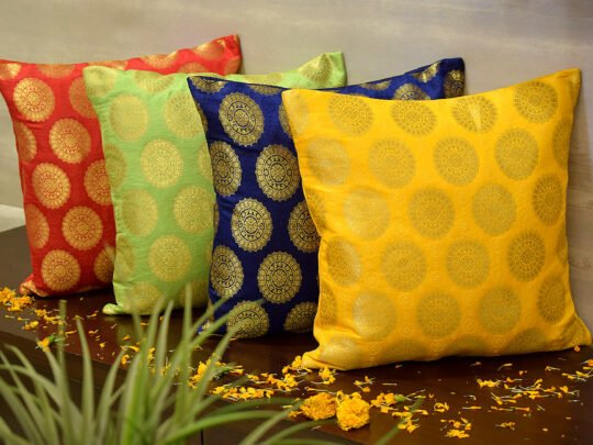 Mandala Brocade Silk Cushion Covers Combo Multi- 6 (Blue, Yellow, Red, Green)