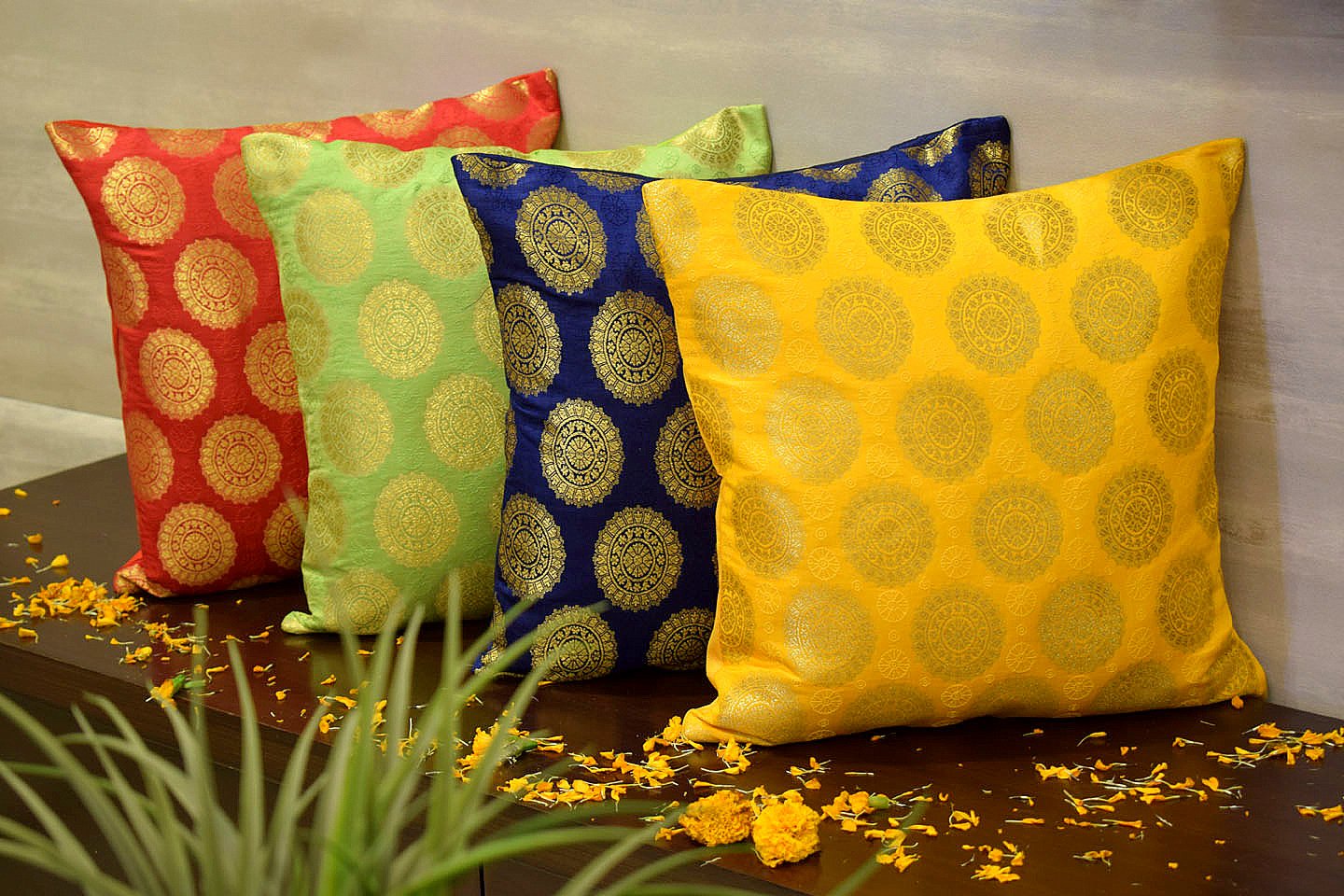 Mandala Brocade Silk Cushion Covers Combo Multi- 6 (Blue, Yellow, Red, Green)