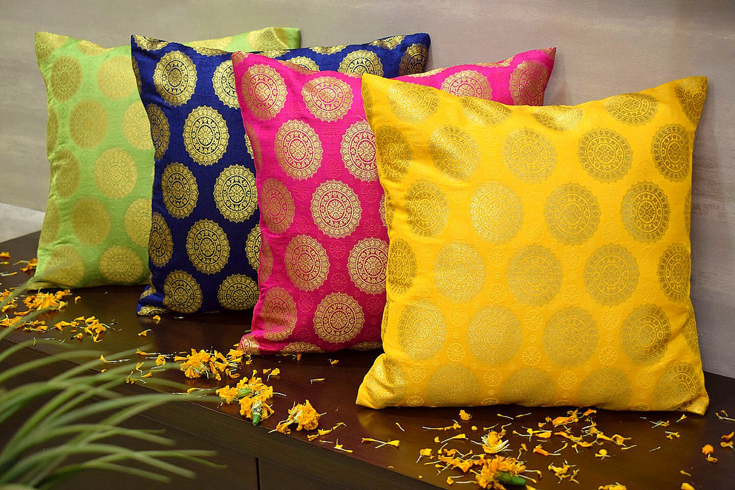 Mandala Brocade Silk Cushion Covers Combo Multi- 1 (Blue, Yellow, Magenta, Green)