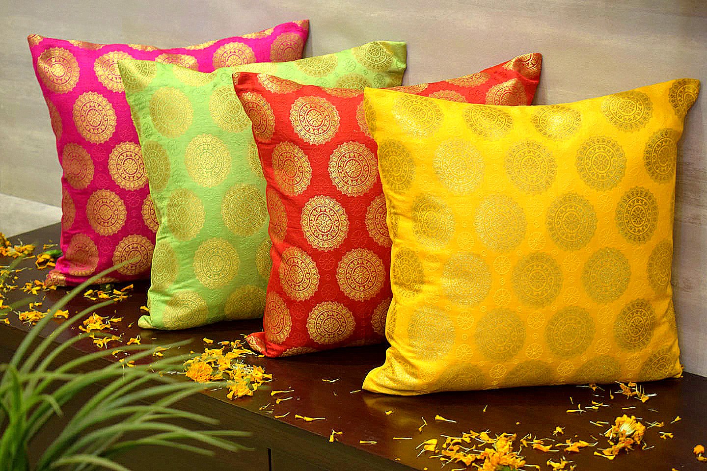 Mandala Brocade Silk Cushion Covers Combo Multi- 4 (Red, Yellow, Magenta, Green)