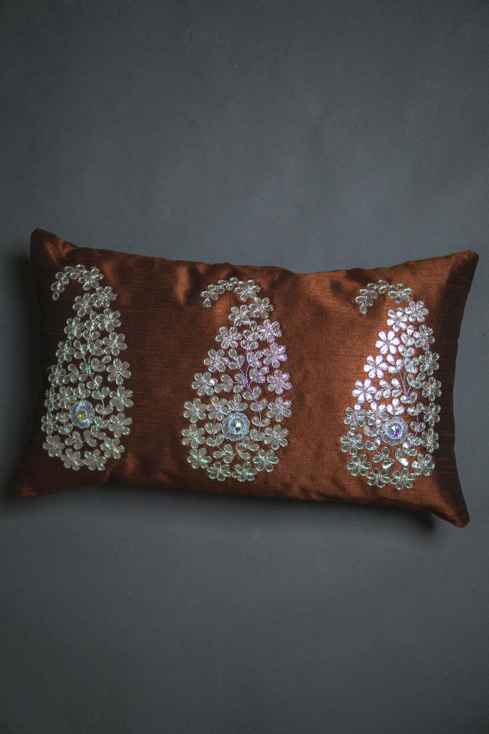 Dark Brown & Silver Paisley Leaf Rectangular Cushion Cover