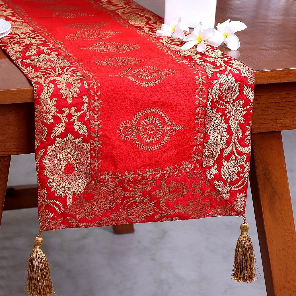 Mughal Banarasi Gardish Block Printed Table Runner - Red