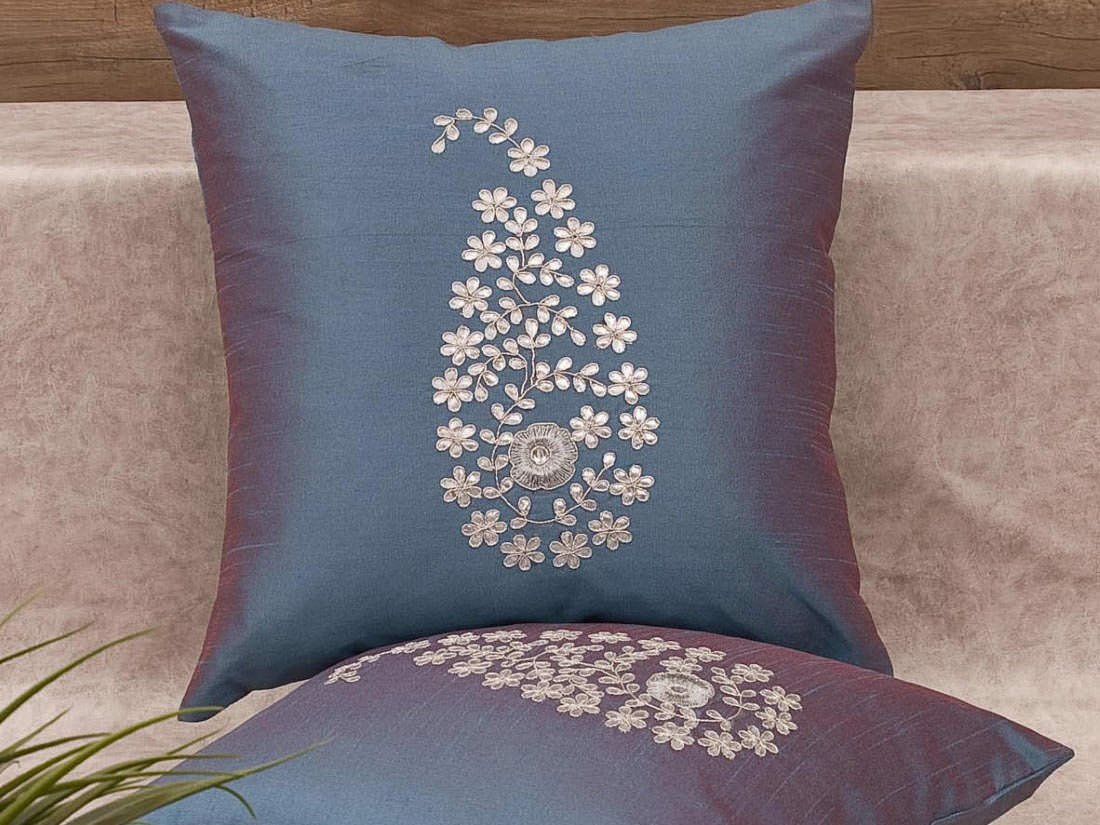 Steel Blue & Silver Paisley Gota Patti Hand Embroidery