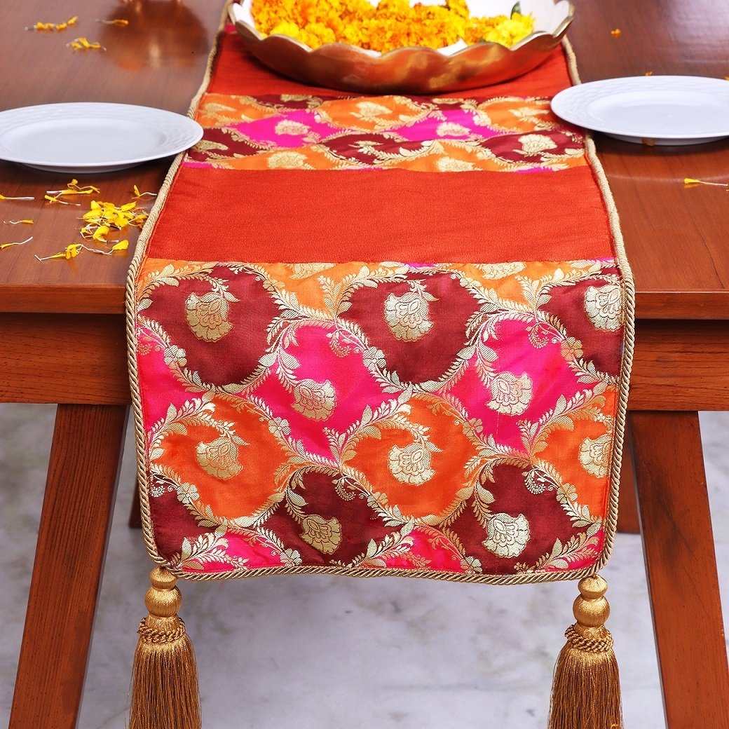 Khin-Khwabeeda Designer Brocade Table Runner (Rust, Orange, Pink)