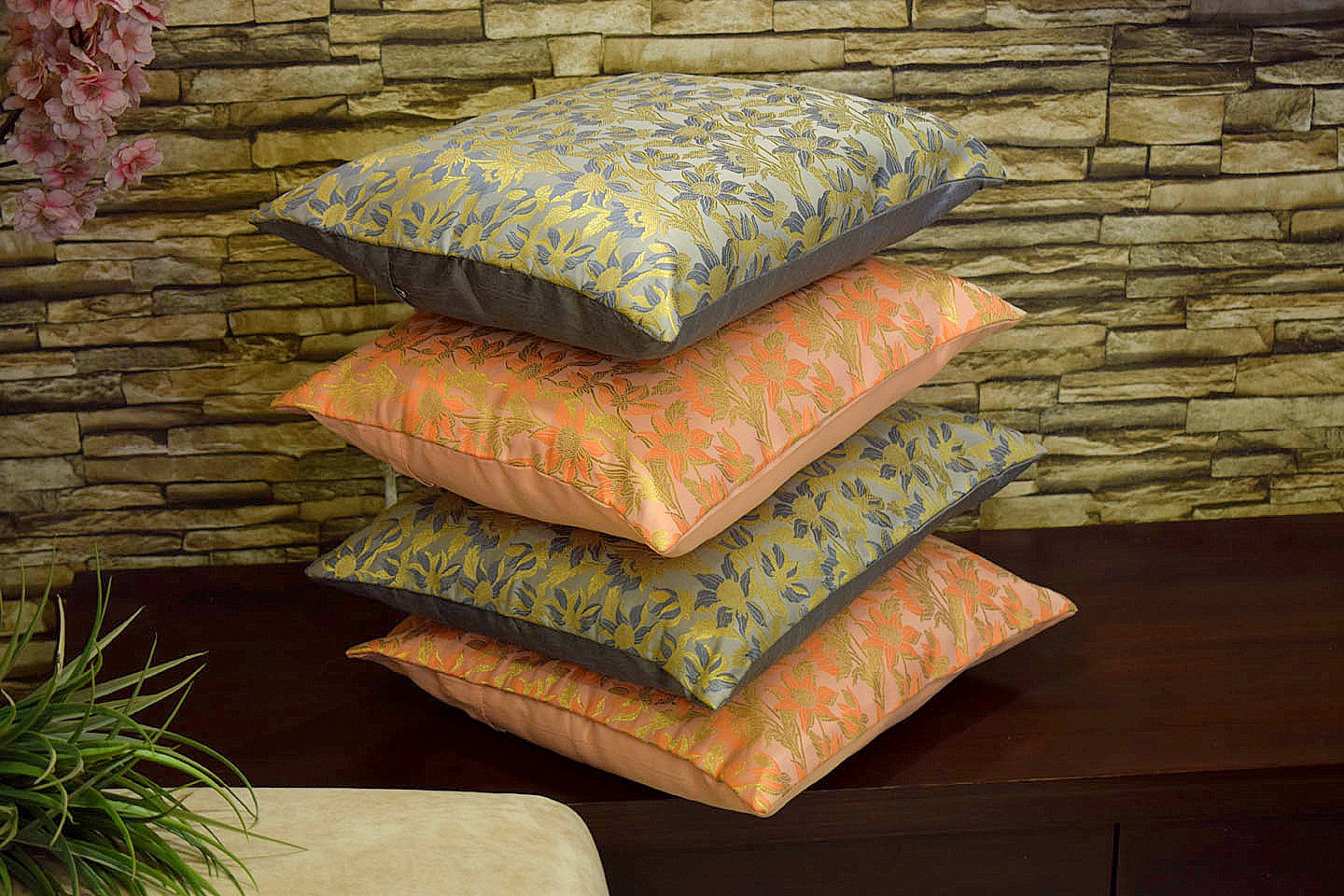 Bageecha Floral Brocade Silk Cushion Covers Combo (Peach & Grey) - Image 2