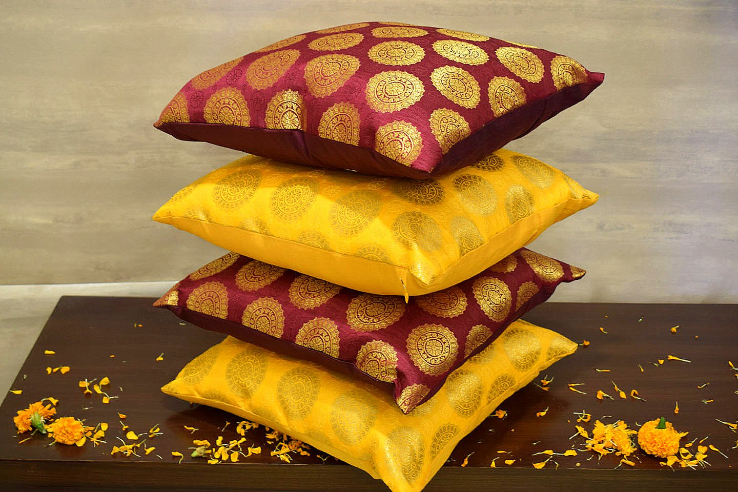 Mandala Brocade Silk Cushion Covers Combo (Maroon & Yellow) - Image 2