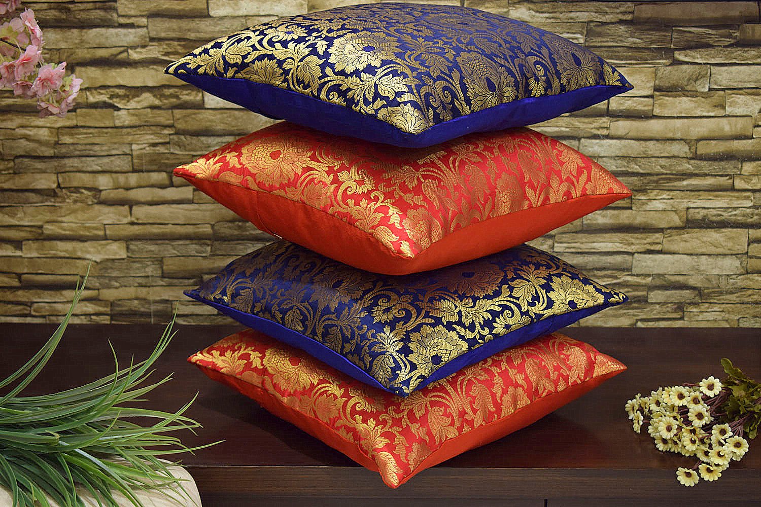 MUGHAL BANARASI Brocade Covers Combo (Blue & Red) - Image 2