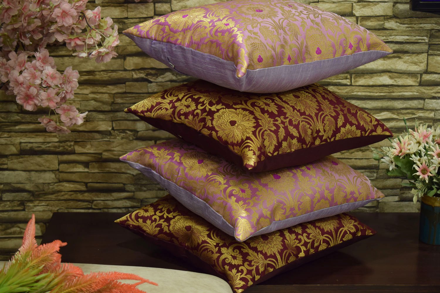 MUGHAL BANARASI Brocade Cushion Covers Combo (Lavender & Wine) - Image 2