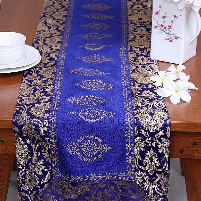 Mughal Banarasi Gardish Block Printed Table Runner - Blue - Image 2