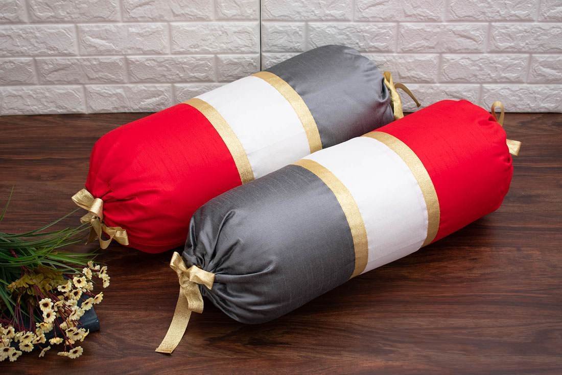TRI Color Golden Zari Decorative Bolster Covers (Red, White, Grey ) - Image 2