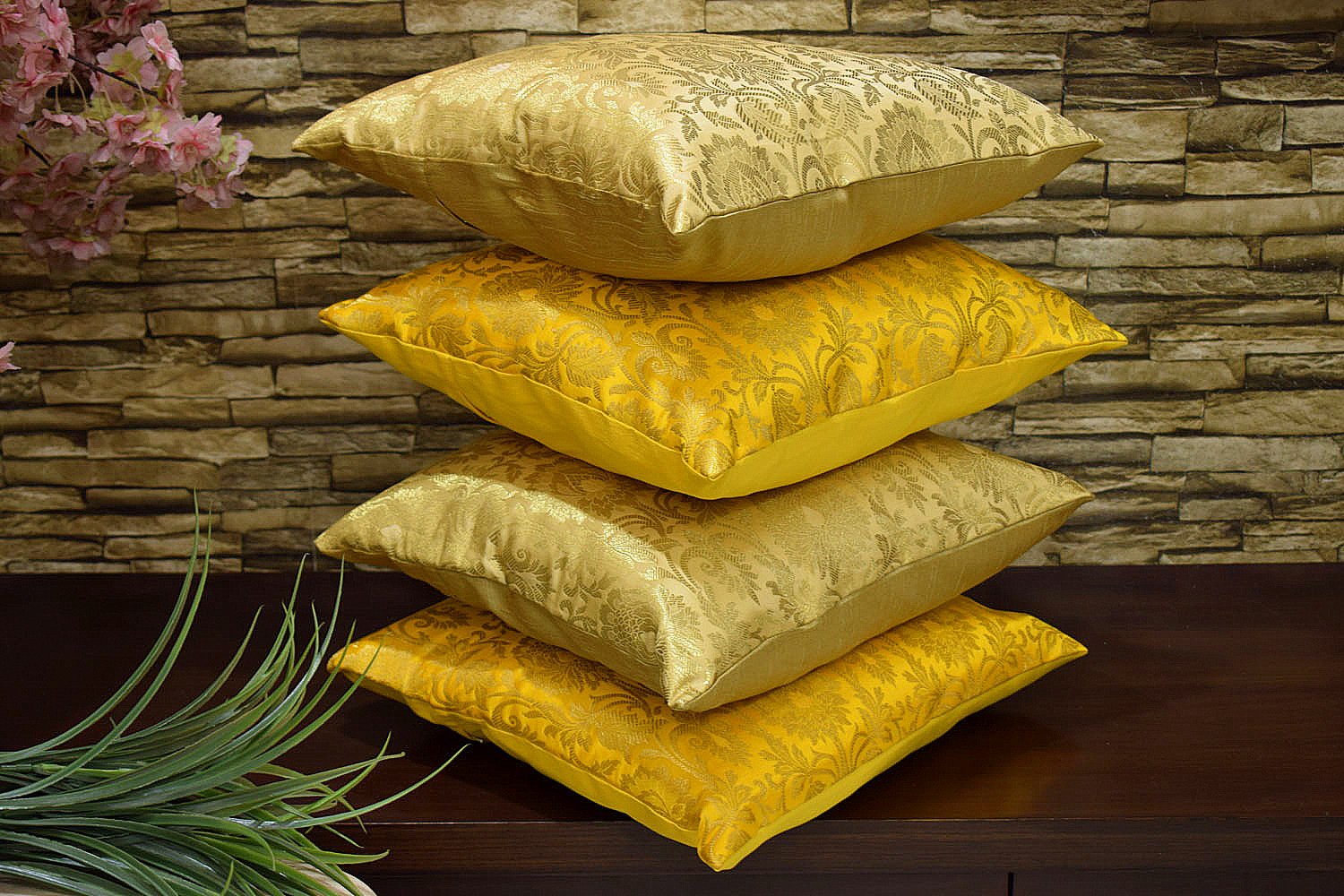 MUGHAL BANARASI Brocade Cushion Covers Combo (Marigold & Yellow) - Image 2