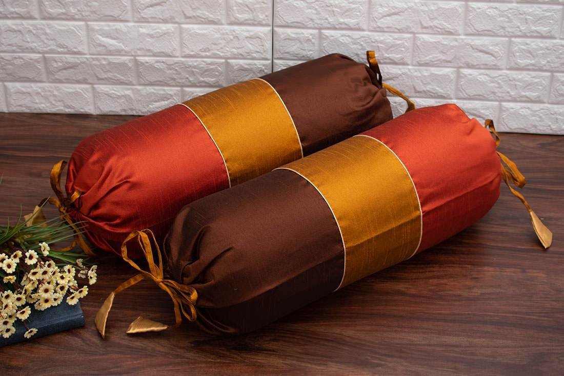 TRI Color Golden Zari Decorative Bolster Covers (Red Brown, Golden Rust, Dark Brown ) - Image 2