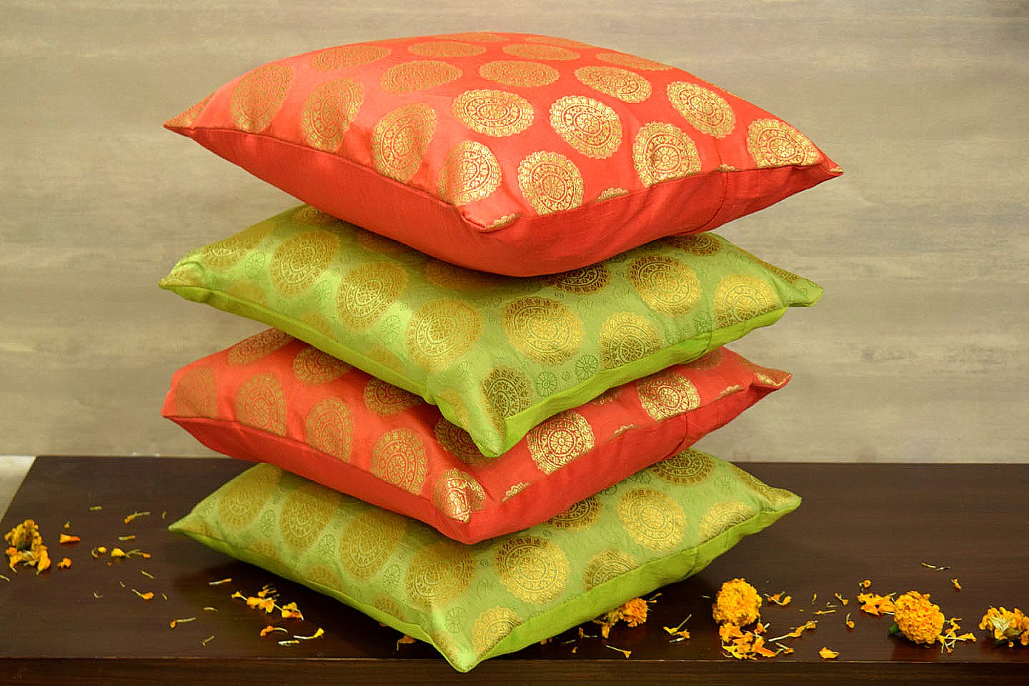 Mandala Brocade Silk Cushion Covers Combo (Peach & Green) - Image 2