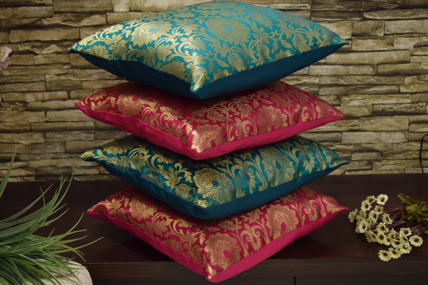 MUGHAL BANARASI Brocade Cushion Covers Combo (Green & Bougainvillea Pink) - Image 2