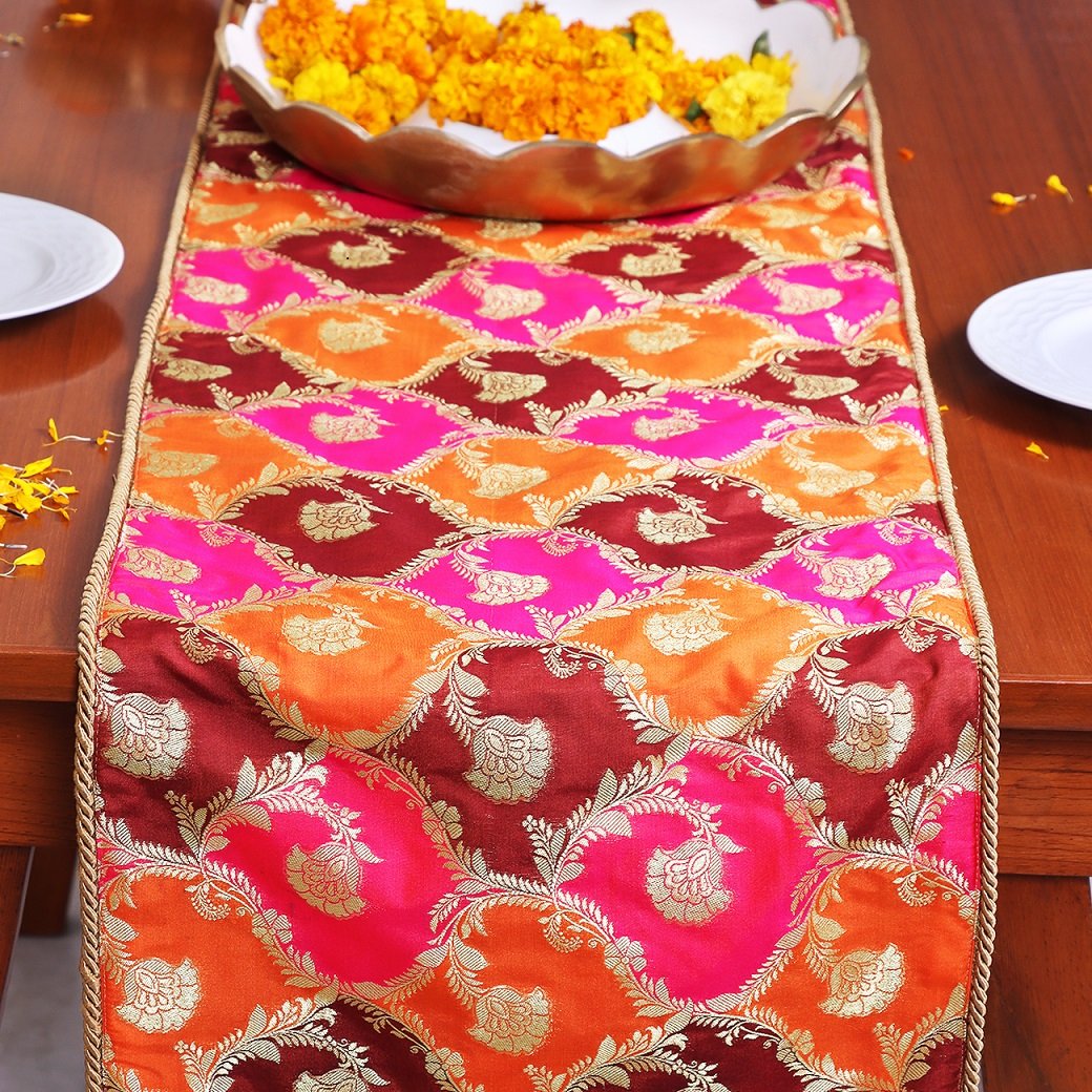 Khin-Khwabeeda Brocade Table Runner (Rust, Orange, Pink) - Image 2