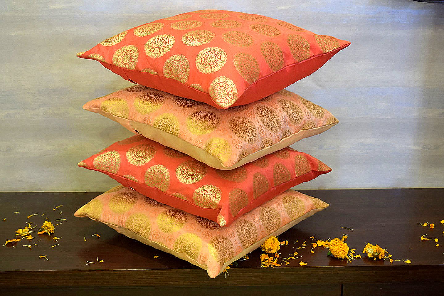 Mandala Brocade Silk Cushion Covers Combo (Peach & Coral) - Image 2