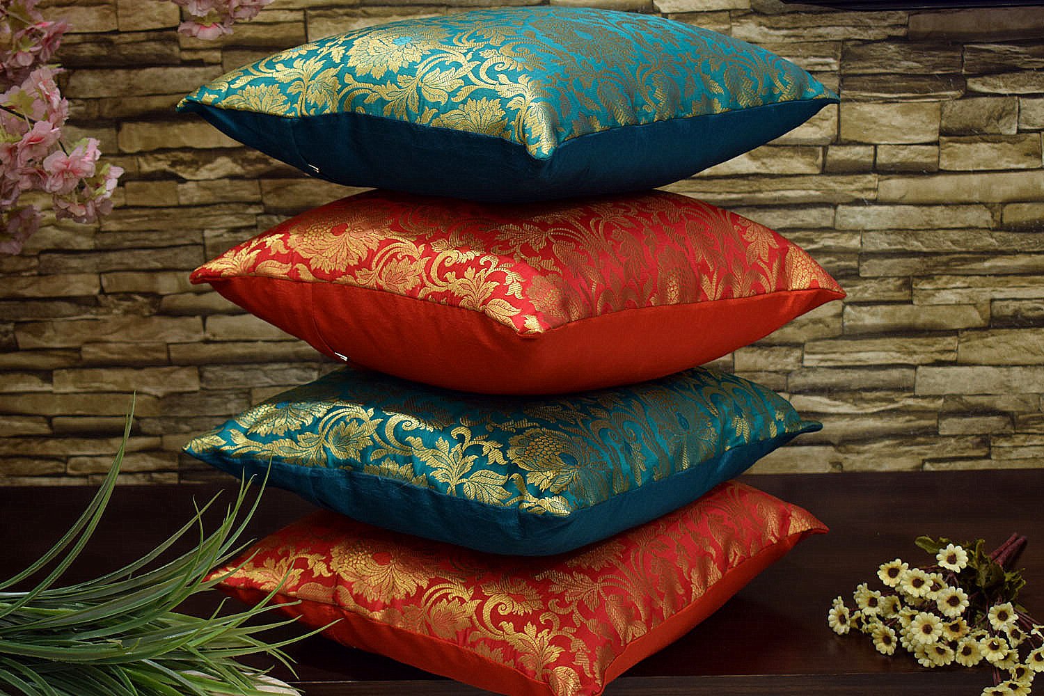 MUGHAL BANARASI Brocade Cushion Covers Combo (Green & Red) - Image 2