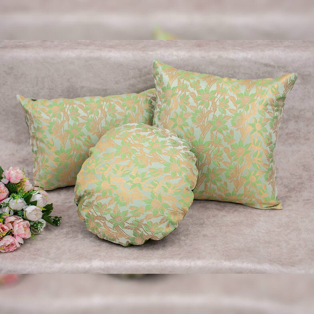 Sage Green Bageecha Floral Brocade Silk Round Cushion Covers - Image 2