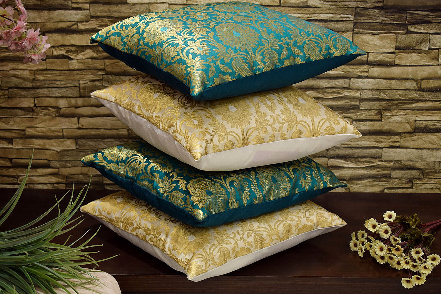 MUGHAL BANARASI Brocade Cushion Covers Combo (Green & White) - Image 2
