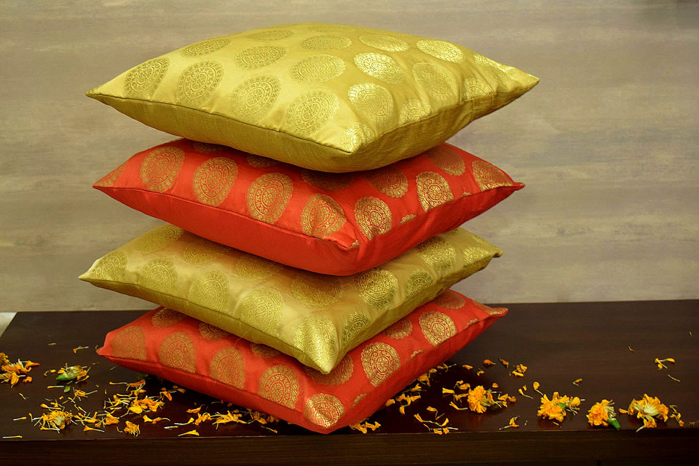 Mandala Brocade Silk Cushion Covers Combo (Peach & Beige) - Image 2