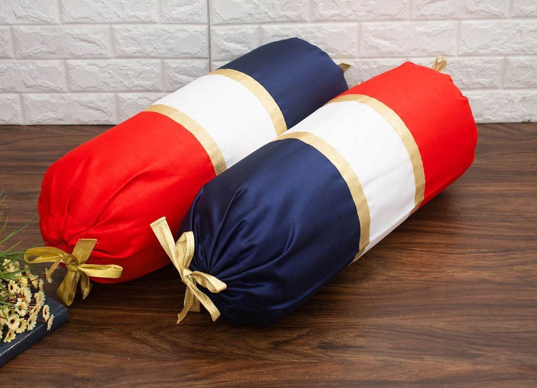 TRI Color Golden Zari Decorative Bolster Covers (Navy, White, Red) - Image 2