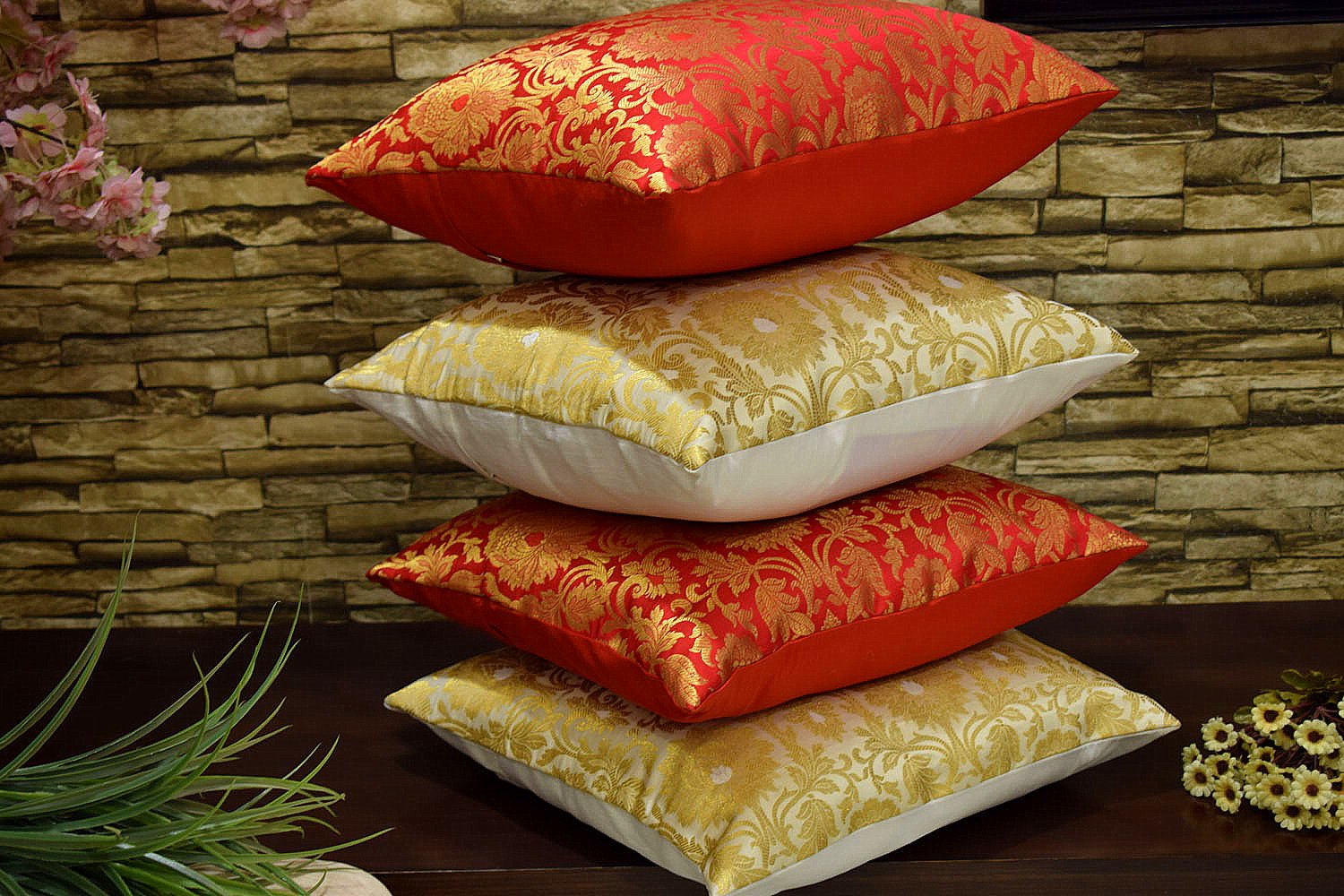 MUGHAL BANARASI Brocade Cushion Covers Combo (Red & White) - Image 2