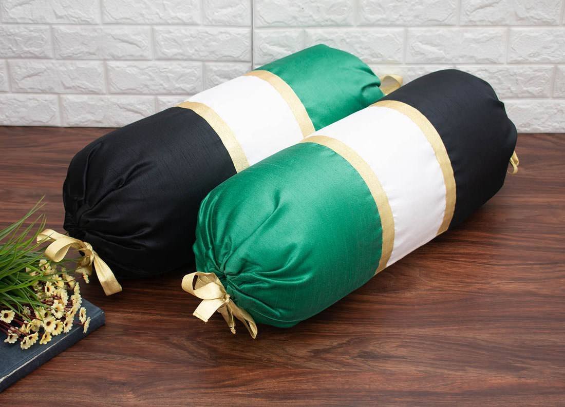 TRI Color Golden Zari Decorative Bolster Covers (Mint Green, White, Black) - Image 2