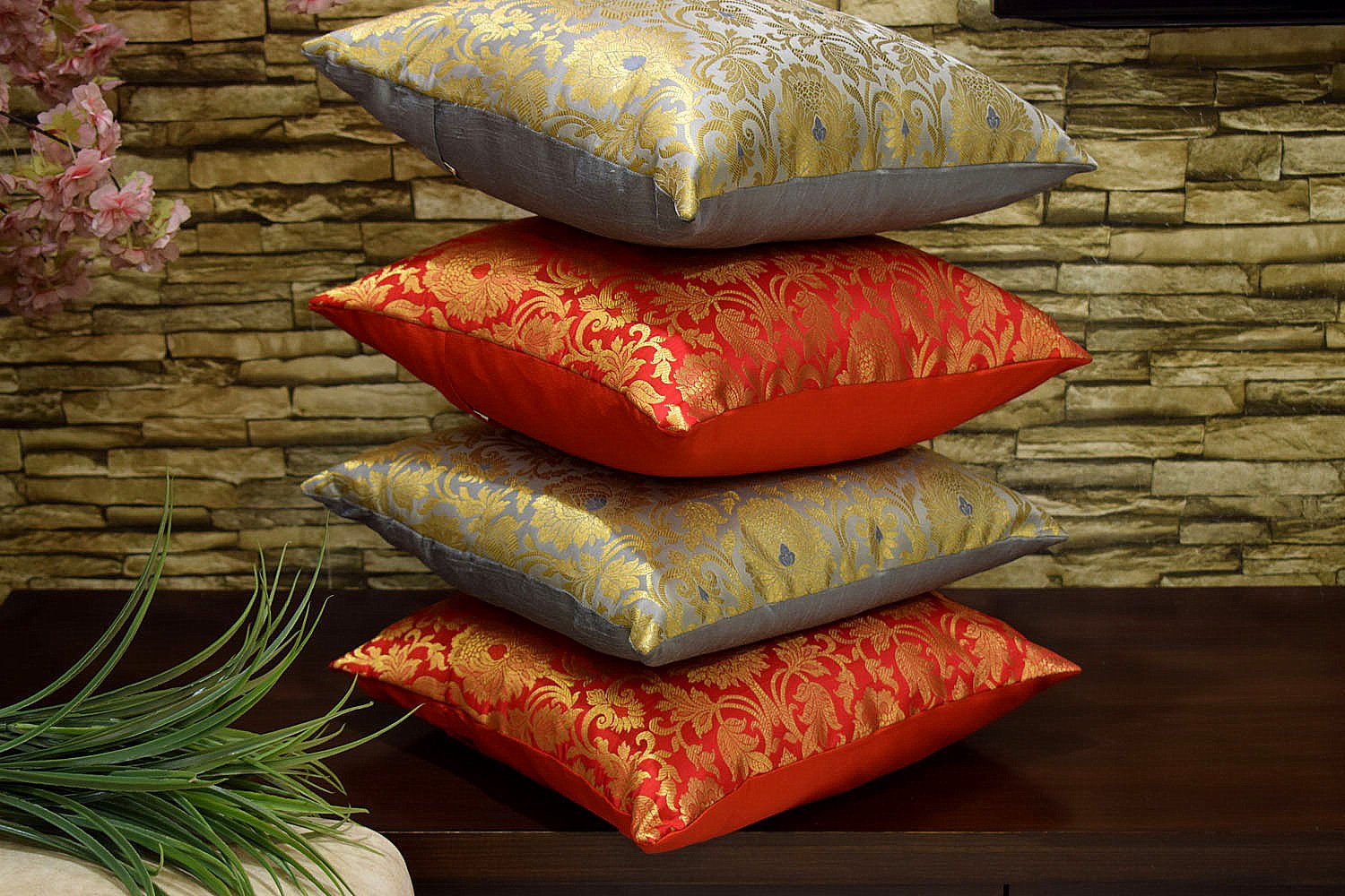 MUGHAL BANARASI Brocade Cushion Covers Combo (Grey & Red) - Image 2